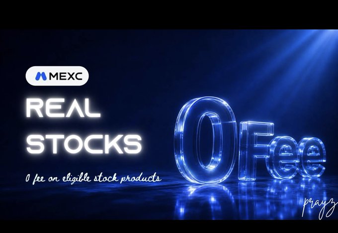 MEXC exchange advertisement promoting 'REAL STOCKS' with '0 fee' on eligible stock products, featuring blue 3D rendered text against a dark blue lit background.