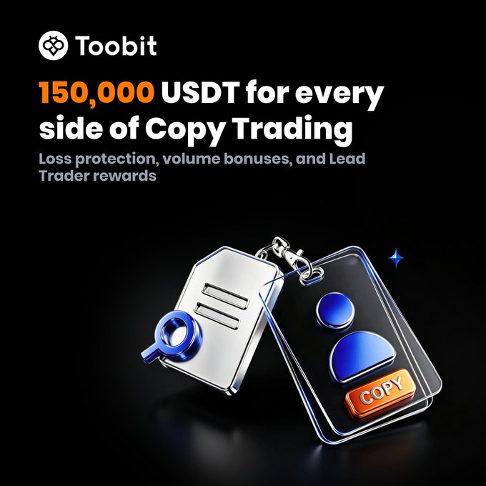 A Toobit cryptocurrency advertisement offering '150,000 USDT for every side of Copy Trading' with loss protection and volume bonuses, featuring 3D renderings of a key and ID card on a black background.