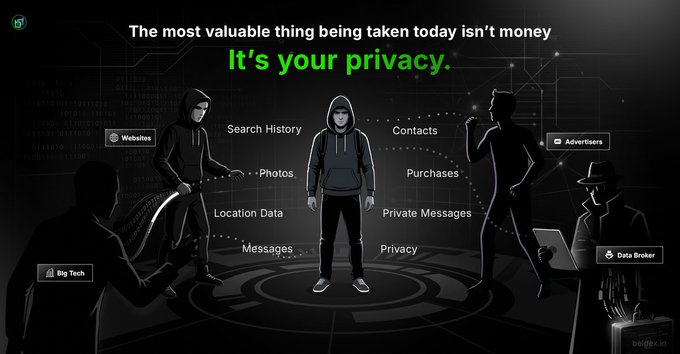 Infographic warning 'The most valuable thing being taken today isn't money It's your privacy,' depicting figures labeled Websites, Big Tech, Advertisers, and Data Broker extracting data like Search History, Photos, and Private Messages from a central hooded figure.
