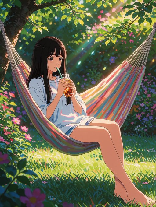 A young woman with long dark hair relaxes in a colorful striped hammock beneath a sun-dappled tree, sipping a drink through a straw while surrounded by blooming flowers and lush greenery. The image evokes a sense of peaceful leisure and tranquility, offering a serene visual escape that contrasts with the post's discussion of privacy-focused crypto projects like @BeldexCoin.