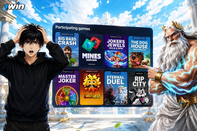 The image shows a 1win promotional graphic featuring anime-style characters—a shocked young man and a Zeus-like figure—flanking a panel of "Participating games" including titles like Big Bass Crash, Mines Dare2Win, Joker's Jewels Hold & Spin, The Dog House Megaways, Master Joker, Chili Heat, Eternal Duel, and Rip City. The ad ties into the post's mention of a "Crypto Season Mix" tournament with a 200K USDT prize pool, showcasing the eligible slot and quick games where players can earn points based on winning multipliers to compete on the leaderboard.