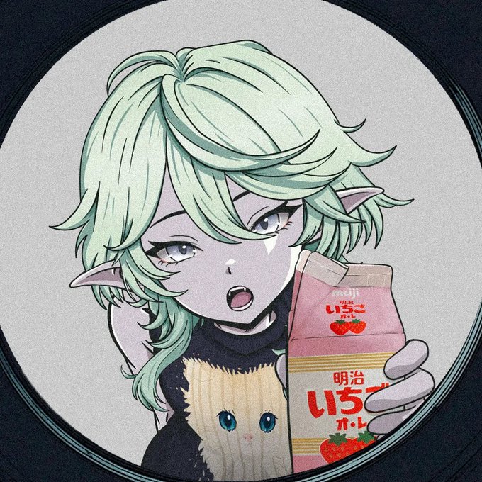 An anime-style character with green hair and pointed ears looks surprised while holding a pink Meiji strawberry milk carton, framed within a circular border.