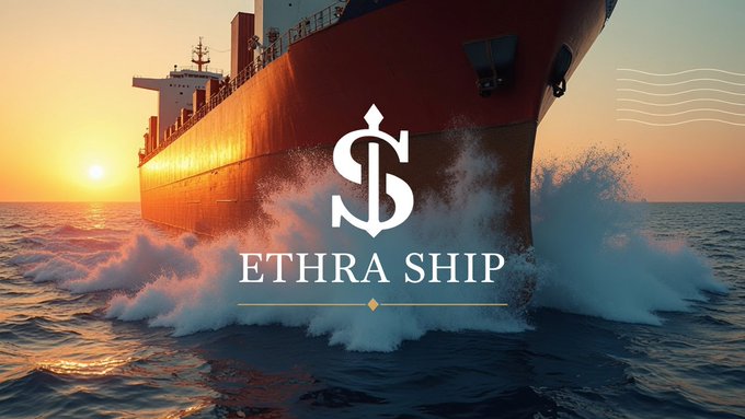 A massive cargo ship cuts through ocean waves at sunset, branded with the "ETHRA SHIP" logo featuring an anchor emblem, visually representing the project's focus on bringing real shipping and dry cargo vessel assets to Web3 through tokenization.