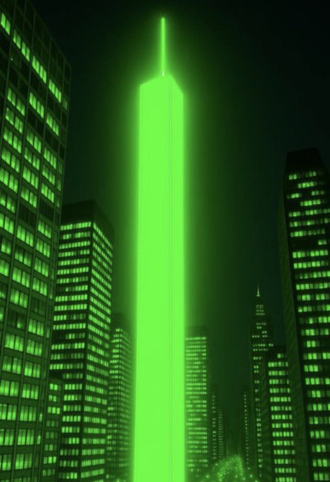 A nighttime cityscape featuring a tall skyscraper glowing in bright neon green, surrounded by darker buildings with illuminated windows.