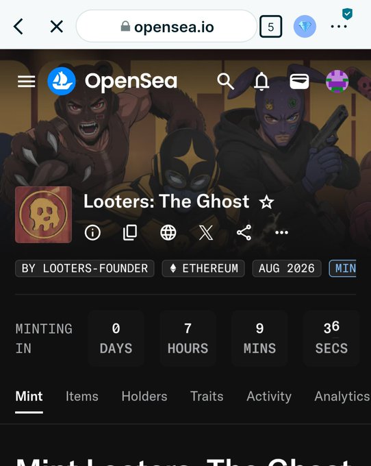 A screenshot of the OpenSea.io mobile page for the "Looters: The Ghost" NFT collection by LOOTERS-FOUNDER on Ethereum, showing a mint countdown of 0 days, 7 hours, 9 minutes, 36 seconds remaining. The image illustrates the upcoming mint event mentioned in the post, which highlights excitement about the project and its August 6 mint date with 8,888 supply at 0.0024 ETH.
