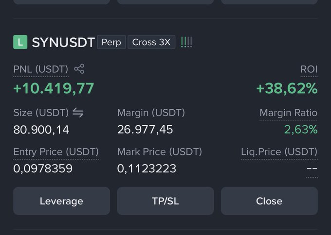 The image shows a long (L) perpetual position on SYNUSDT with 3x cross leverage, displaying a profit of +10,419.77 USDT (+38.62% ROI) on an 80,900.14 USDT size with a low margin ratio of 2.63%, with the entry price at 0.0978359 and mark price at 0.1123223. This profitable SYN trade illustrates the success of following $HEI's price action, as referenced in the post.