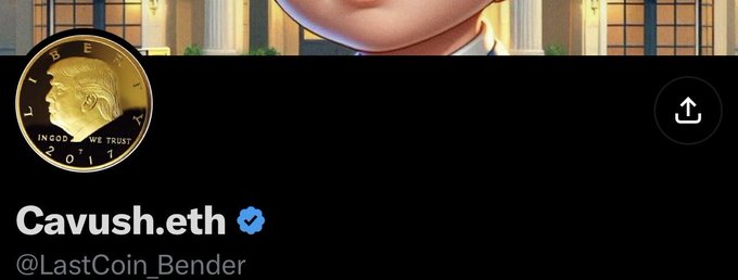 The same Twitter/X profile header for 'Cavush.eth' (@LastCoin Bender) with the verified blue checkmark and golden coin profile picture.