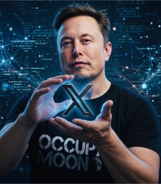 A man in a black t-shirt reading 'OCCUPY MOON' holds a glowing blue X logo between his hands against a dark, technological background.