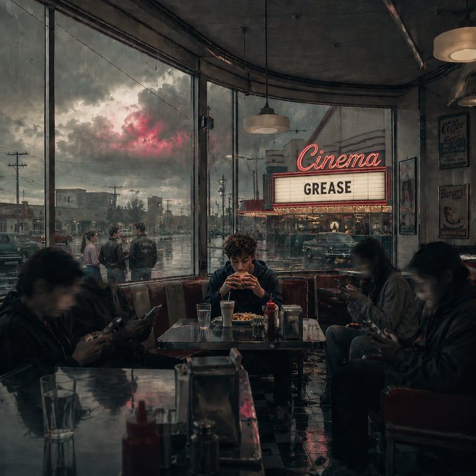 A moody cinematic illustration of a diner interior with patrons on phones, featuring a neon 'Cinema' marquee displaying 'GREASE' outside under a dramatic pink-tinged sky.