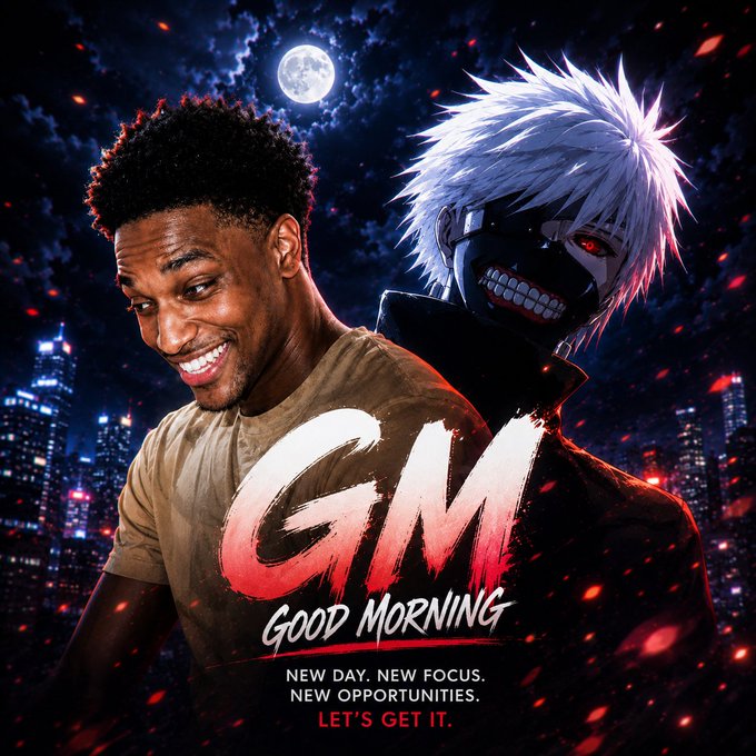 A man smiles while standing next to an anime character against a nighttime cityscape with a full moon, overlaid with "GM Good Morning – New Day, New Focus. New Opportunities. Let's Get It," tying into the post's message of consistent motivation and building within the $ANSEM community.