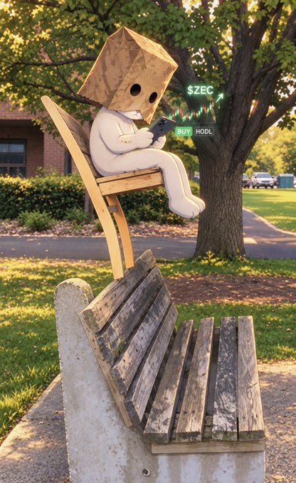 A surreal image of a figure with a brown paper bag over its head sitting on a bench reading a phone, with a green chart showing '$ZEC' and 'BUY HODL'.