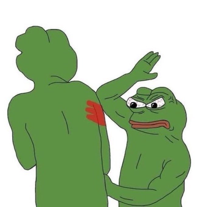 A cartoon-style illustration shows a green Pepe-like character slapping a red hand print onto the back of another green frog figure facing away.