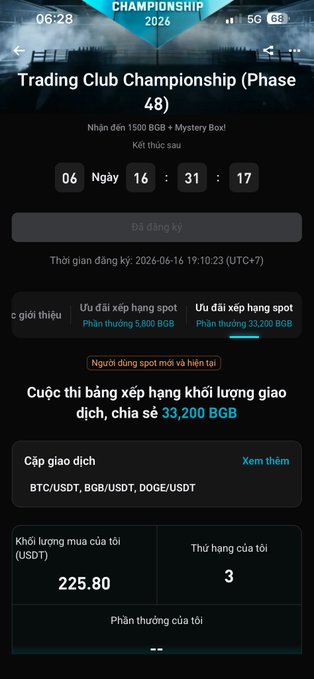 The image shows a smartphone screen displaying information about a TradingClub Round 48 event. The text on the phone screen indicates that the event is open, and the current leaderboard positions are at 3rd place with a score of 2,890,000 BGB. The post also mentions that there's an app called "TradingClub Round" which allows users to participate in this competition.