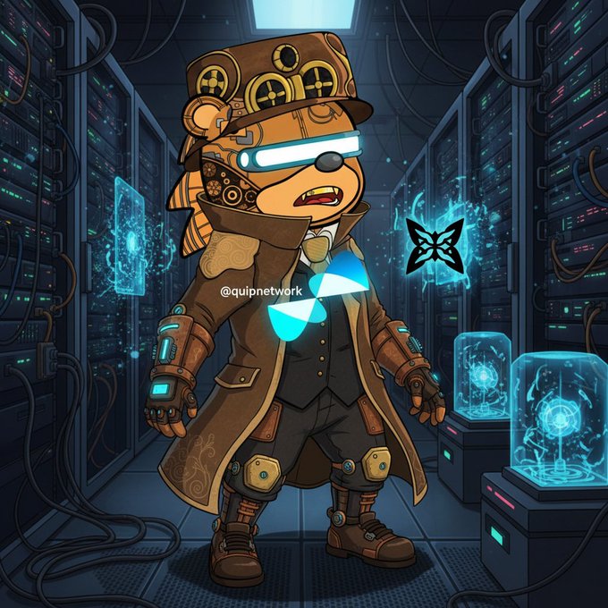 A stylized illustration of a steampunk bear character wearing a top hat with goggles, a long brown coat, and glowing blue tech glasses, standing in a server room with the 'Quip Network' logo and '@quipnetwork' watermark.