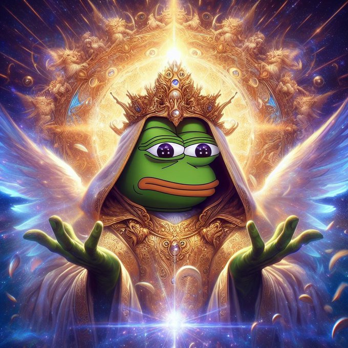 A digital artwork depicting a green Pepe frog character dressed as an angelic or holy figure, wearing a golden crown and robes with large wings, set against a cosmic background.