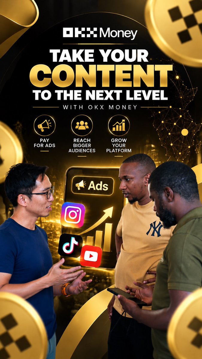 A promotional graphic for OKX Money titled 'TAKE YOUR CONTENT TO THE NEXT LEVEL', featuring icons for ads, audiences, and growth, along with logos for Instagram, TikTok, and YouTube.