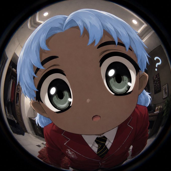 A fisheye-lens anime-style portrait of a surprised-looking character with light blue hair and large green eyes, wearing a red school uniform blazer and striped tie.