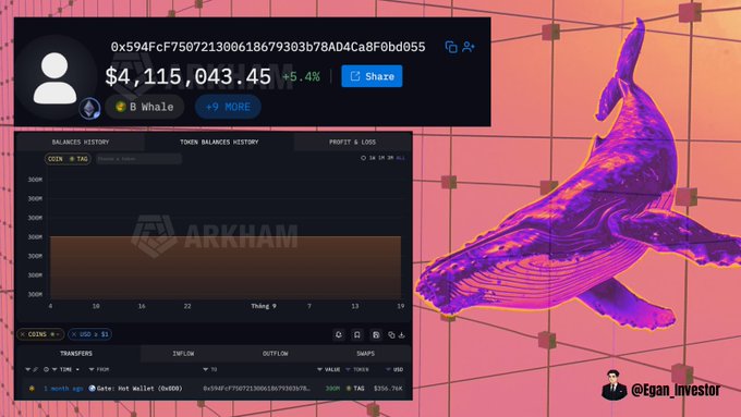 A screenshot of the Arkham platform showing a whale wallet balance of $4,115,043.45 (+5.4%), overlaid with a purple and orange 3D whale graphic and watermark '@Egan_investor'.