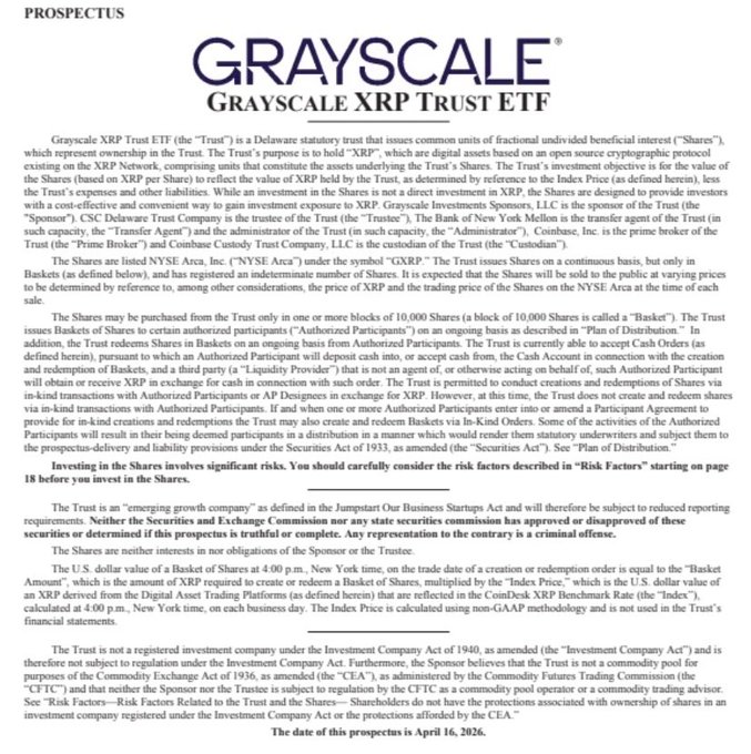The image shows the prospectus cover page for the **Grayscale XRP Trust ETF**, dated April 16, 2026, detailing that the Trust holds XRP and is listed on NYSE Arca under ticker **GXRP**. It relates to the post "$XRP –> Global Payments" by highlighting XRP's positioning as a digital asset for cross-border payments, which is the core use case of the XRP Ledger the Trust is designed to track.