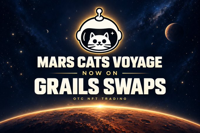 A promotional graphic reads 'MARS CATS VOYAGE NOW ON GRAILS SWAPS OTC NFT TRADING' with a space helmet cat logo against a cosmic background.