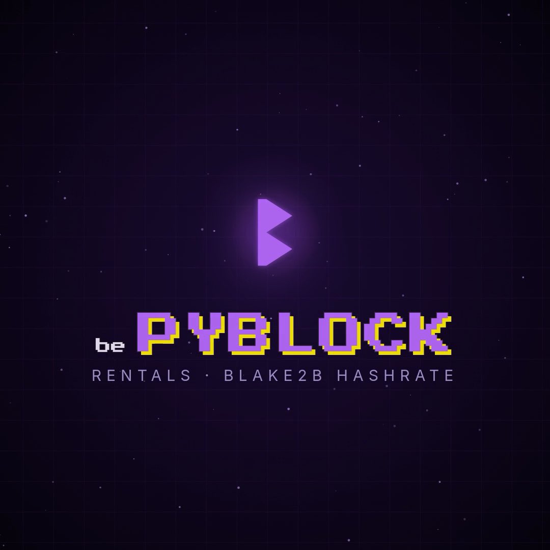 A logo for 'bePYBLOCK' in pixelated yellow and purple text with a purple chevron symbol above, accompanied by the tagline 'RENTALS · BLAKE2B HASHRATE' against a dark purple starry background.