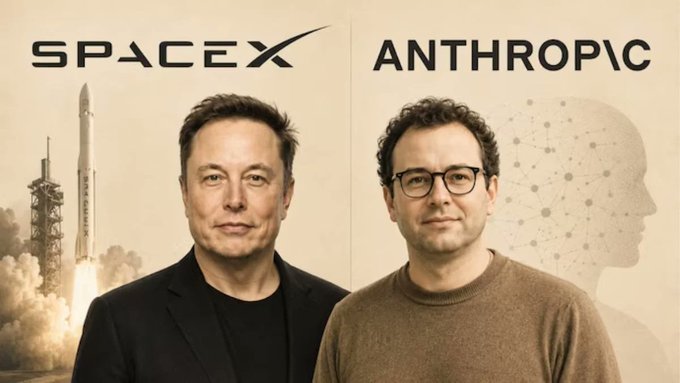 A side-by-side image showing Elon Musk under the SpaceX logo with a rocket launch, and Dario Amodei under the Anthropic logo with a neural network head illustration.