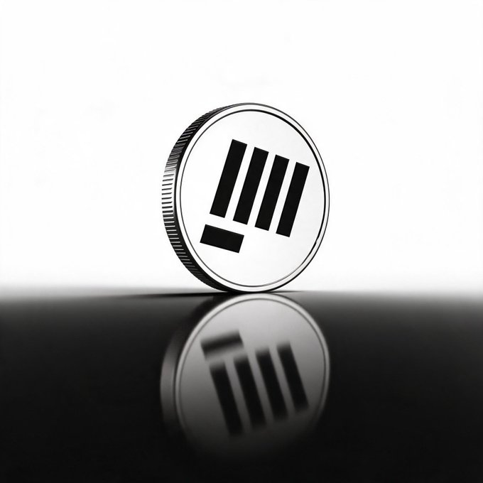 A minimalistic image of a silver coin with four slanted bars as its logo, standing upright on a reflective black surface with its mirror image visible below.