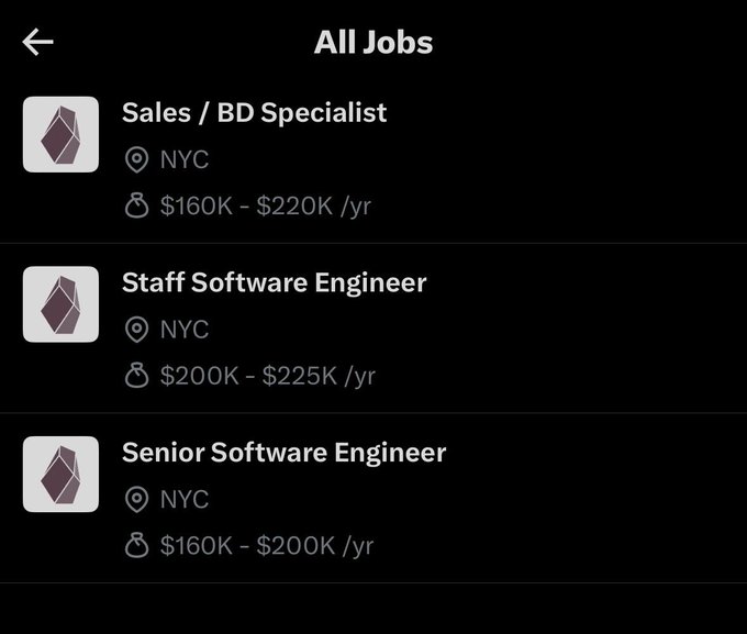 A mobile screenshot showing "All Jobs" listings for Seismic, featuring three NYC-based roles: Sales/BD Specialist ($160K-$220K/yr), Staff Software Engineer ($200K-$225K/yr), and Senior Software Engineer ($160K-$200K/yr).

The image visually supports the post's claim about Seismic hiring for high-value positions totaling $500K+ across sales and engineering roles on their privacy blockchain project.