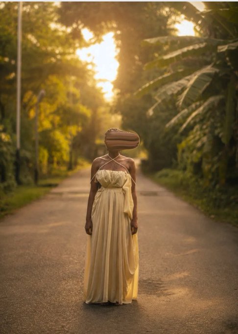 A woman in a flowing yellow dress stands on a path with her face obscured by a reflection of water or glass.