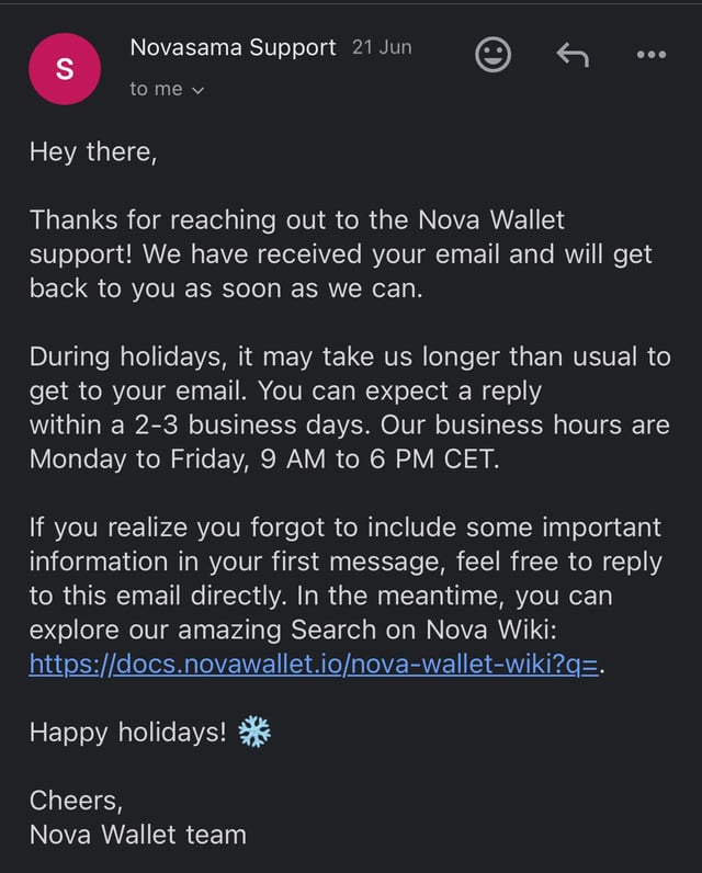 Screenshot of an email from 'Novasama Support' dated 21 June, greeting the recipient and explaining a 2-3 business day reply window, signed 'Nova Wallet team'.