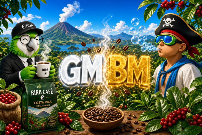 A pirate sporting "Birb" goggles blows bubbles beside a suited green bird sipping coffee, with glowing "GM" and "BM" letters floating between them above a wooden table of coffee beans, a bag labeled "BIRB CAFÉ COSTA RICA SINGLE ORIGIN," and red berry branches against a backdrop of a Costa Rican volcano. The image matches the post's cheerful morning coffee vibe, blending tropical Costa Rican coffee culture with playful bird mascots to celebrate the "GM" (good morning) and "BM" hashtag community.