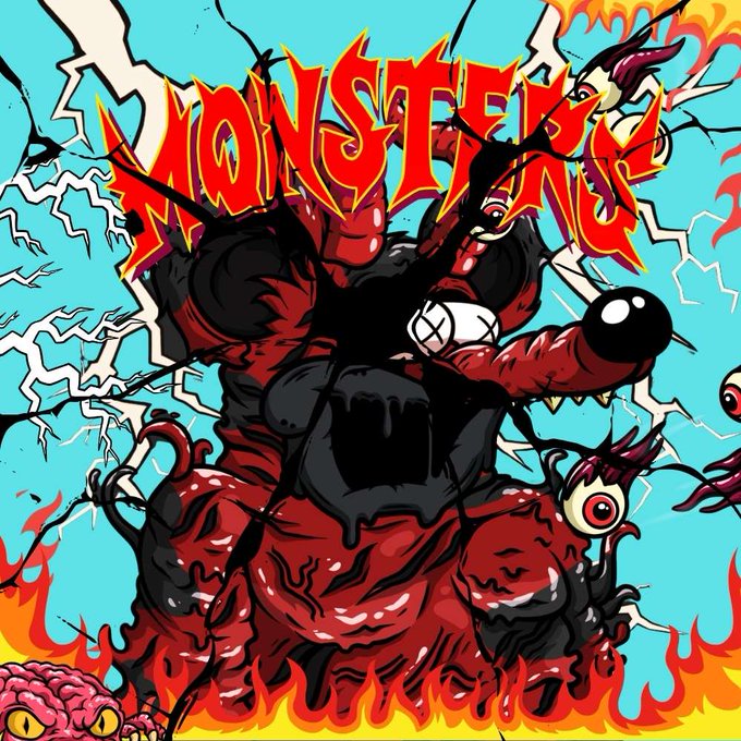 Cover art for 'MONSTER' depicting a horned, muscular red and black demonic figure amid flames and eyeball creatures.