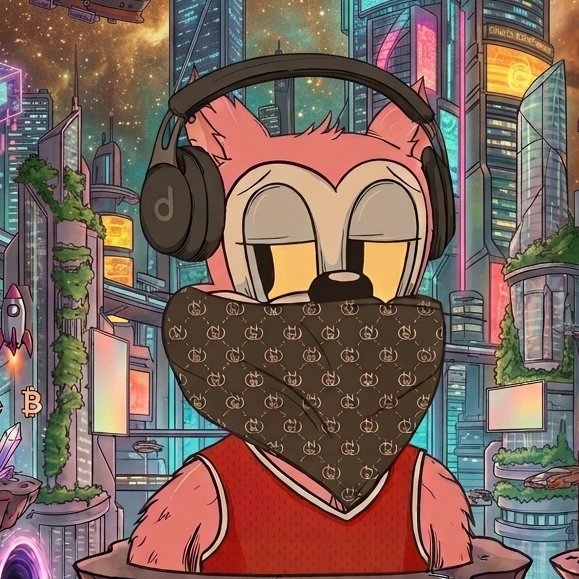 A vibrant illustration of a pink anthropomorphic cat character wearing black headphones, a red shirt, and a brown Gucci-patterned bandana, set against a futuristic cyberpunk cityscape.