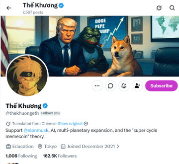 The Facebook profile of "Thế Khương" (@thekhuongeth) shows 1,068 Following and 162.5K Followers, with a header image featuring Donald Trump, Pepe the Frog, and a Shiba Inu dog in a "PEPE PEPE TRUMP" themed scene, while the avatar depicts a character in a gold mask. The caption highlights the account's crypto tips and insider project recommendations, specifically promoting "KeKius" as a transformative opportunity for Vietnamese investors.
