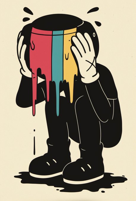 An artistic illustration of a melancholic figure in black holding their head, with colorful paint (red, blue, yellow) dripping down their face like tears onto a puddle below.