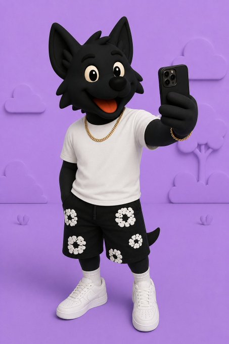 A 3D-rendered black cartoon wolf character wearing a white t-shirt, gold chain, and black floral shorts takes a selfie with a smartphone against a purple background with stylized clouds.