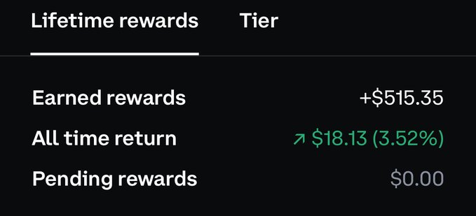 A dark user interface screen showing "Lifetime rewards" statistics, including $515.35 earned rewards, an all-time return of $18.13 (3.52%), and $0.00 pending rewards.