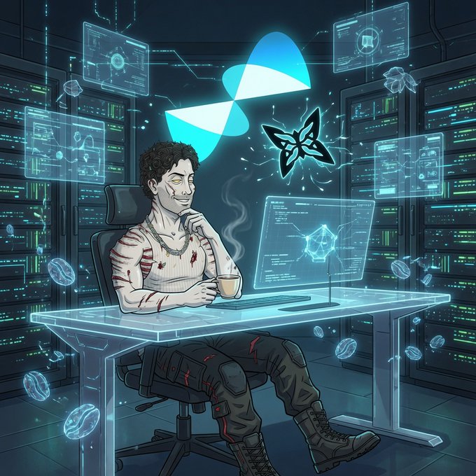 An anime-style illustration depicts a young man with yellow eyes sitting at a glowing holographic computer desk in a server room, with the Hyperliquid (cyan droplet) and Abstract (butterfly) logos floating above.