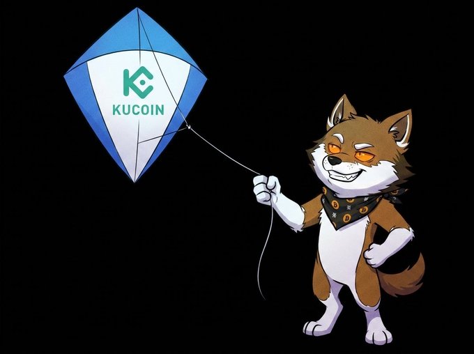 The image features a cartoon dog wearing sunglasses, holding a kite with the word "kucoin" written on it. The background of the image is black, which contrasts with the white text and blue kite. The dog appears to be standing in front of a black background, making the kite stand out even more. The post suggests that there might be a connection between the kite's design or the word "kucoin" and some form of digital currency or cryptocurrency promotion.