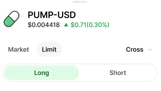 A cryptocurrency trading interface displaying the PUMP-USD pair at $0.004418 with a 0.30% increase, offering Long and Short options.