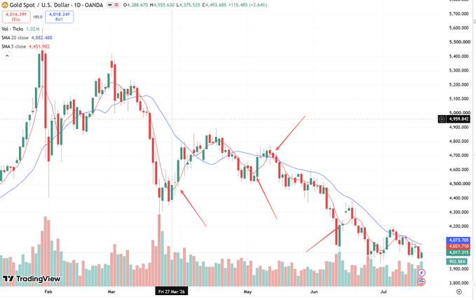 A TradingView daily candlestick chart of Gold Spot / U.S. Dollar (XAUUSD) showing a price of 4,018.240 with red annotations indicating a downtrend from February to July.