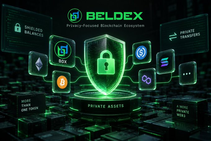 A promotional graphic for BELDEX, labeled as a 'Privacy-Focused Blockchain Ecosystem,' featuring a central green shield and padlock icon surrounded by various cryptocurrency symbols and tags like 'Shielded Balances,' 'Private Transfers,' 'Private Assets,' and 'More Than One Token.'