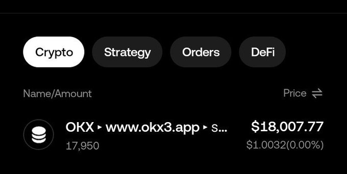A crypto portfolio app screen showing tabs for Crypto, Strategy, Orders, and DeFi, displaying an OKX entry with 17,950 units valued at $18,007.77, noting a suspicious link 'www.okx3.app'.