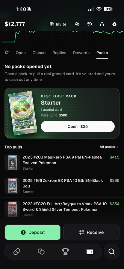 A mobile app screen showing $12,777 balance with a 'Packs' tab selected, featuring a 'Starter' pack for $25 and top pulls including '2023 #203 Magikarp PSA 9' for $415 and '2025 #166 Zekrom EX PSA 10' for $395.