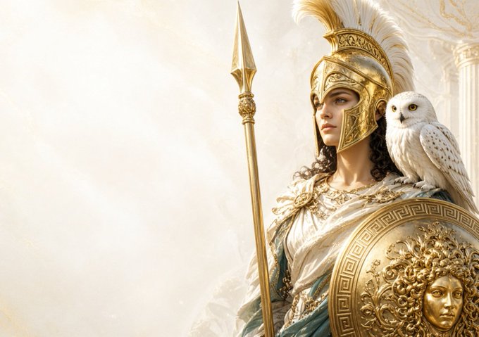 A digital illustration of Athena, the Greek goddess, wearing an ornate golden helmet and armor, holding a spear and shield adorned with a Medusa head, accompanied by a white owl perched on her shoulder.