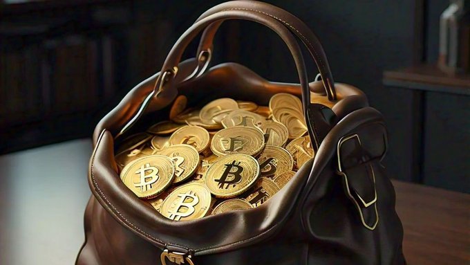 A brown leather bag filled with gold Bitcoin coins, each marked with the '₿' symbol.