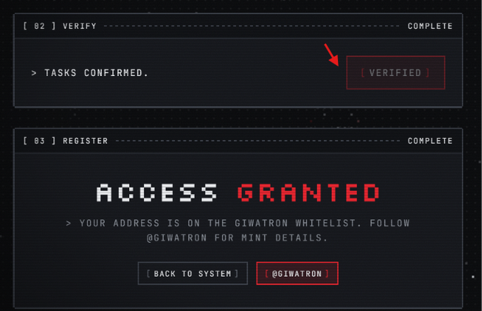 A digital interface showing steps 82 (Verify) and 83 (Register) as COMPLETE, with a red 'ACCESS GRANTED' message indicating the address is on the GIWATRON whitelist.