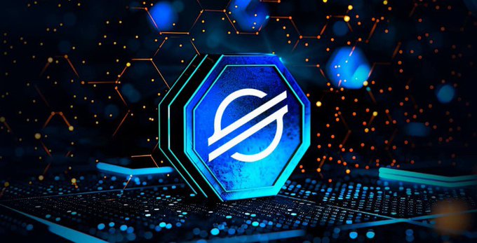 A glowing blue Stellar (XLM) hexagonal coin sits amid a high-tech digital network of interconnected nodes and light trails, visually reinforcing the post's message that Stellar is evolving beyond remittances into a broader blockchain infrastructure layer powering tokenized securities, RWA tokenization, stablecoin payments, and cross-border settlements.