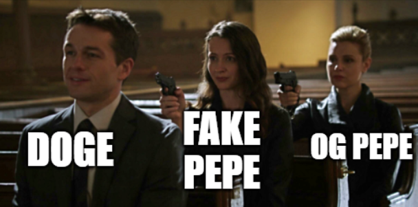 A meme using a scene from 'The Town' labeling the characters as 'DOGE', 'FAKE PEPE', and 'OG PEPE'.