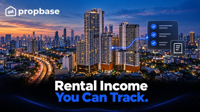 A promotional banner for Propbase featuring a cityscape at sunset with twin skyscrapers and the tagline 'Rental Income You Can Track.'